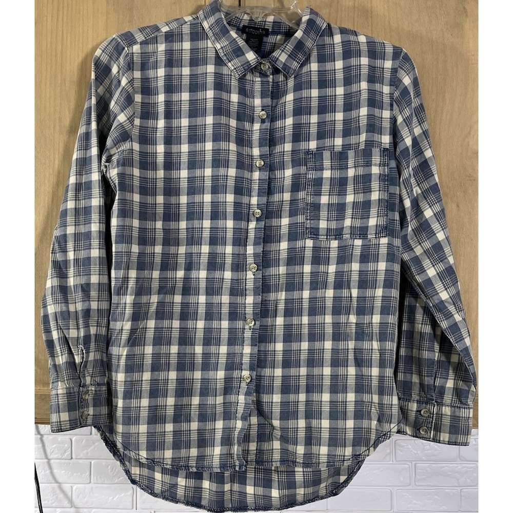 Stoosh Women Blue Plaid Long Sleeve Button Up‎ Shirt L